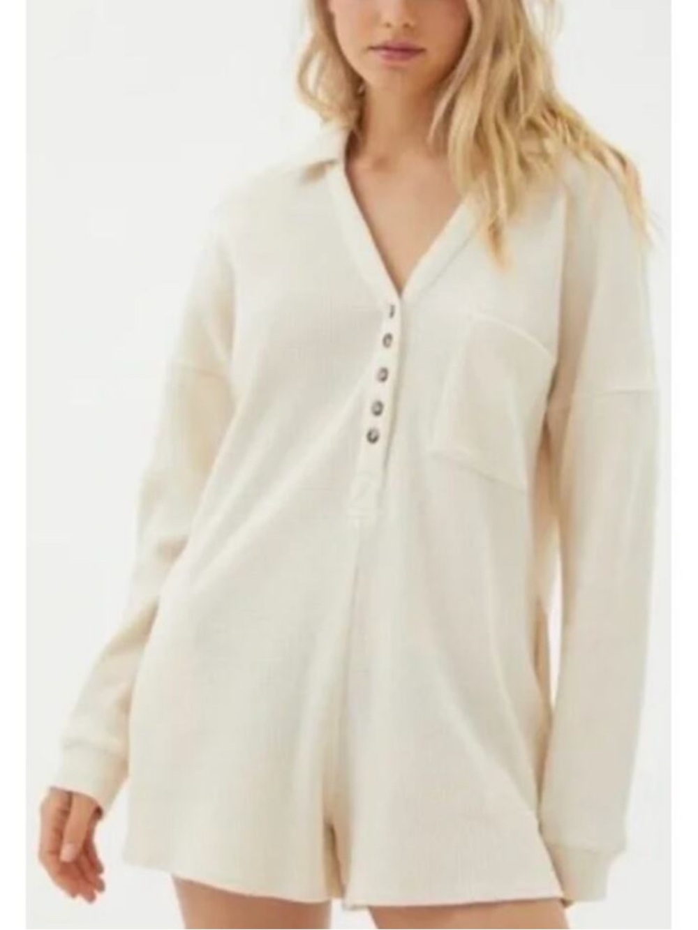 NWOT Urban Outfitters Cream Waffle-Knit Henley Romper